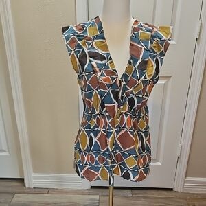 BCBG Yellow and Brown Wrap Blouse